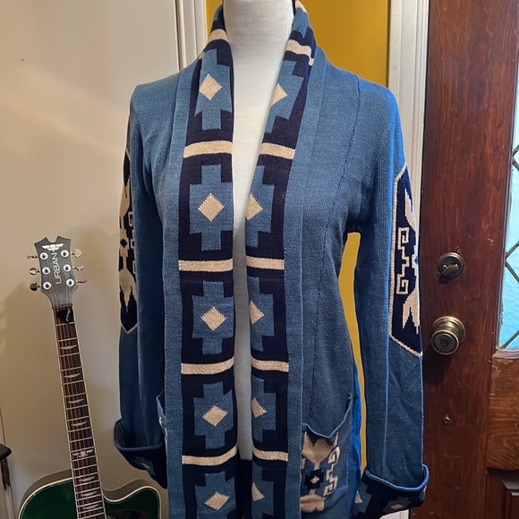 Wrangler-Blue, navy and cream Aztec print shawl collar open knit cardigan- NWT - Picture 4 of 8